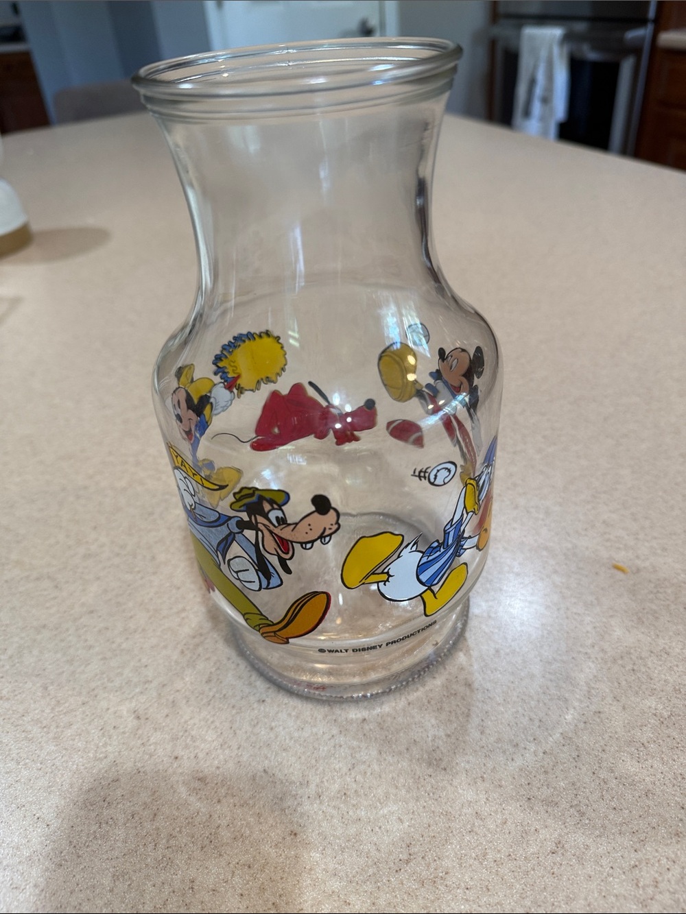 Vintage Disney Clear Glass Carafe with Multi-Color Character Prints